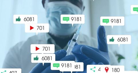 Health Professional with Syringe Among Social Media Interaction Icons