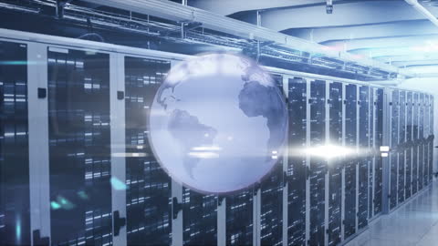 Futuristic Data Center with Global Network Visualization