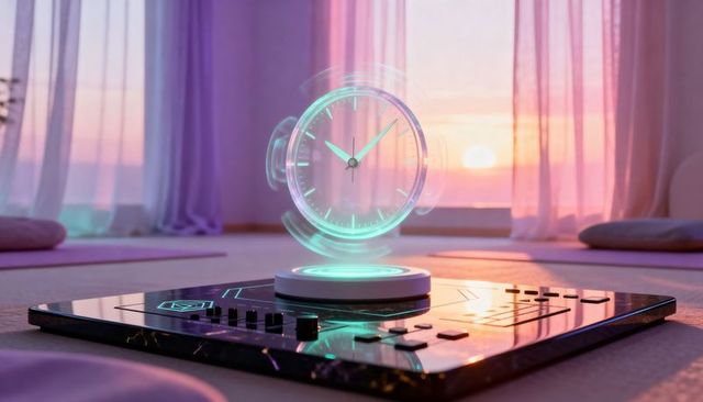 Holographic clock floating above control pedestal in pastel meditation room at sunset