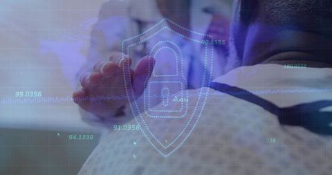 Doctor Holding Holographic Shield with Padlock in Healthcare Security Concept