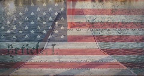 American Flag and Constitution Blend with Walkway by Lake