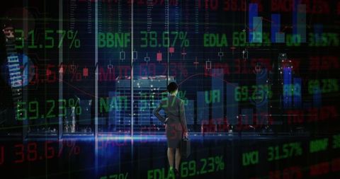 Businesswoman Analyzing Stock Market Trends with Digital Interface