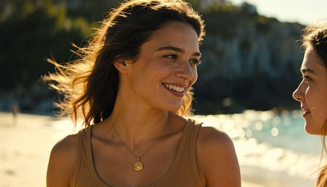 Sunlit smiling woman chatting with friend on sandy cove wearing gold pendant