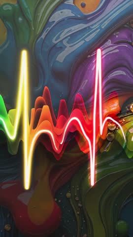 Vertical neon waveform pulsing over swirling multicolor liquid backdrop for motion graphics
