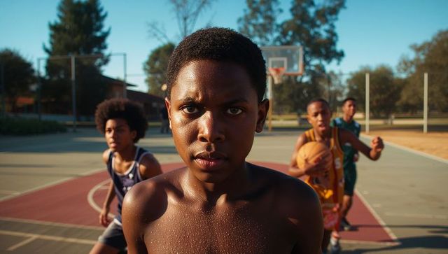 Teenagers Playing Basketball on Outdoor Court Under Clear Sky