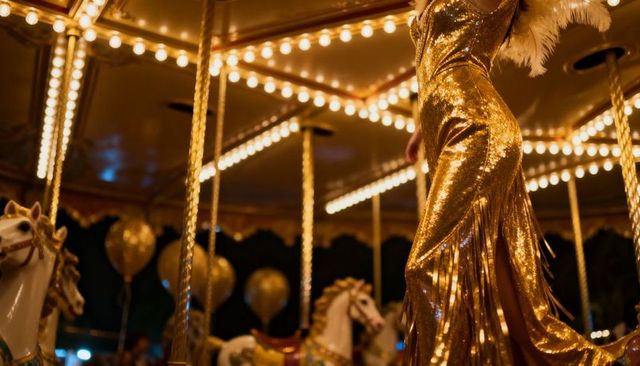 Vintage carousel glamour posing woman in gold sequined gown with feather boa