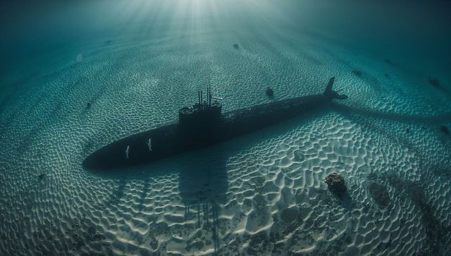 Sunlit submarine resting on rippled seafloor with scuba divers surveying hull and wreckage