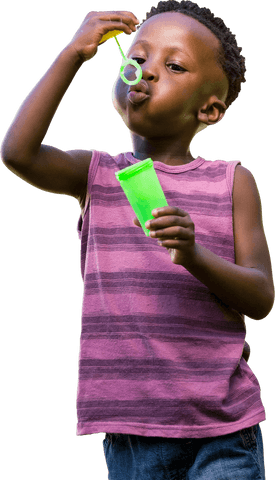 Transparent illustration of boy blowing bubbles, fun and childhood joy