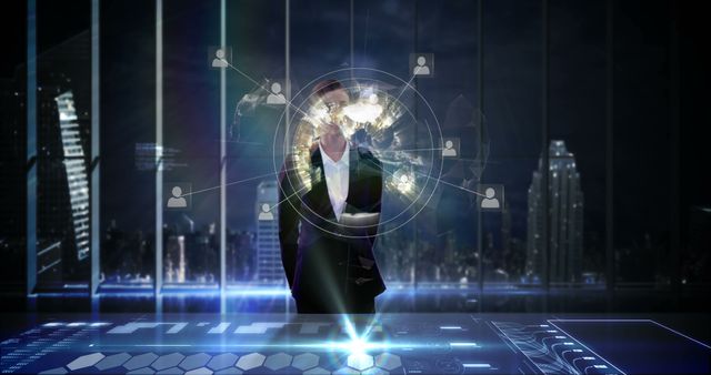 Businessman interacting with futuristic digital interface in modern office with city skyline in background. The hologram and digital elements suggest innovative technology and global networking. Ideal for themes of future technology, digital transformation, business solutions, connectivity, and corporate innovation.