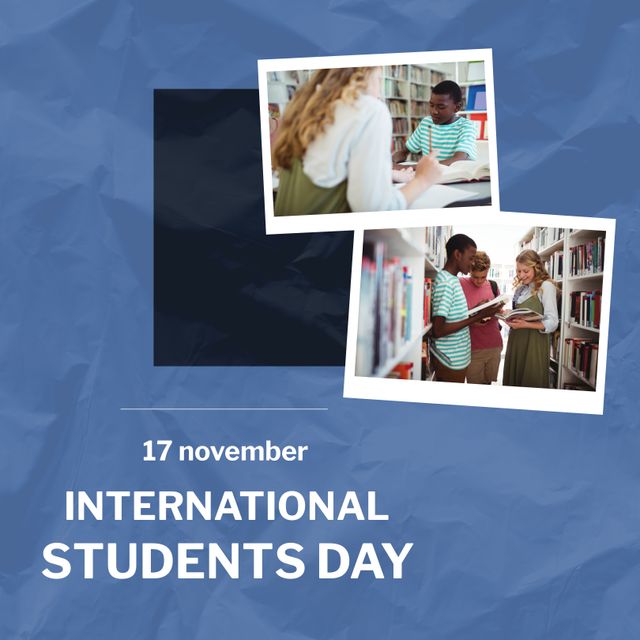Image of young multiracial students engaging in study activities in a library setting, designed to celebrate International Students Day on November 17. This visual is perfect for promoting educational events, academic campaigns, or social media posts focused on diversity, inclusion, and the importance of education worldwide.
