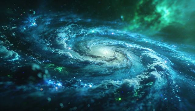 Swirling Azure Spiral Galaxy with Luminous Core and Nebula Clouds, Stars and Teal Glow