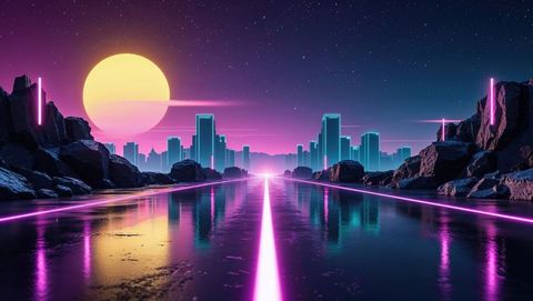 This visually striking scene features a highly futuristic cityscape bathed in neon lighting. A reflective highway spans the scene, leading towards vertical neon lights adorning rocks on either side, while cyan-outlined skyscrapers shimmer in the backdrop. This vibrant, sci-fi environment is perfect for use in creative projects involving themes of the future, technology, or virtual landscapes. Ideal for sci-fi book covers, movie posters, futuristic video games, or imaginative digital art contexts.