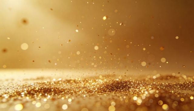 Golden glitter macro bokeh with falling sparkle particles and shimmering metallic texture
