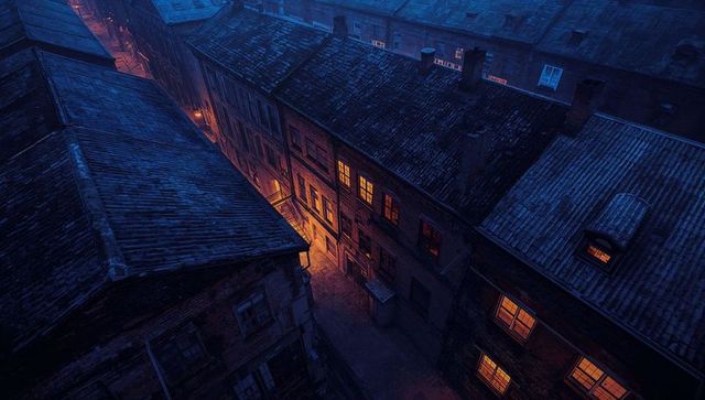 Moody Cobblestone Alley with Glowing Windows Under Night Sky
