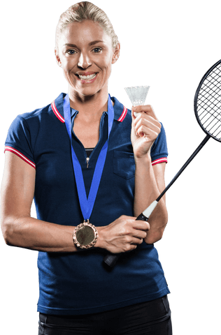 Transparent Athlete Smiling Holding Badminton Shuttlecock and Trophy