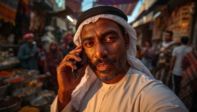 Sunlit arab man talking on phone in busy spice market at golden hour