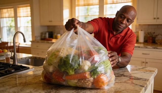 Senior man steadying large grocery bag of fresh produce on sunlit granite kitchen island