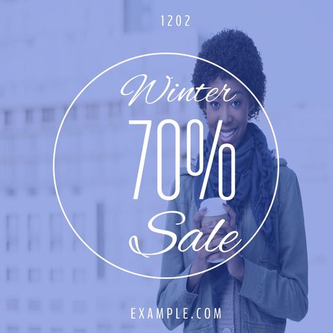Winter Sale Ad with Woman Holding Coffee Cup in Blue Urban Background