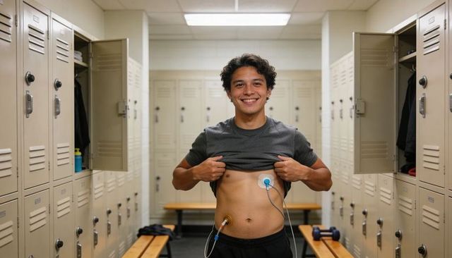Smiling athlete revealing abdominal electrodes in gym locker room monitoring core health