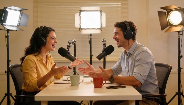 Podcast hosts recording lively conversation in studio with microphones and headphones
