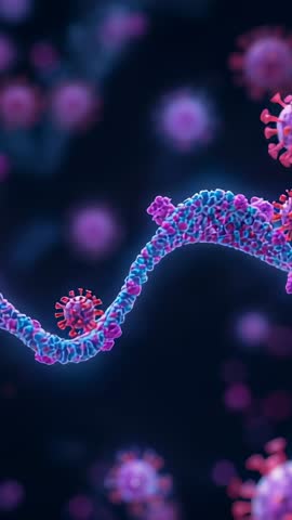 Vertical 3D animation of waving RNA guiding virion through nanofluid toward spike proteins