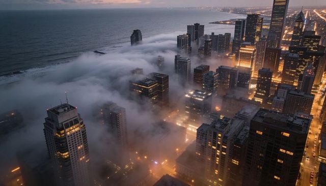 Coastal fog rolling through downtown skyline at dusk with illuminated skyscrapers