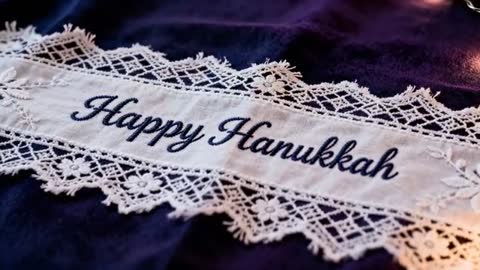 Zooming close-up video showing embroidered Happy Hanukkah ribbon on navy linen with lace trim