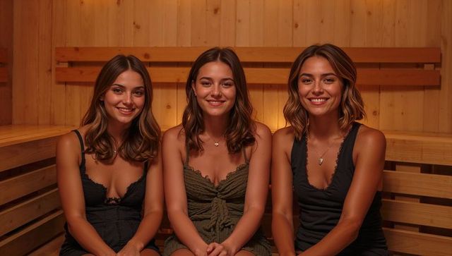 Three women smiling on wooden sauna benches wearing camisoles and pendant necklaces