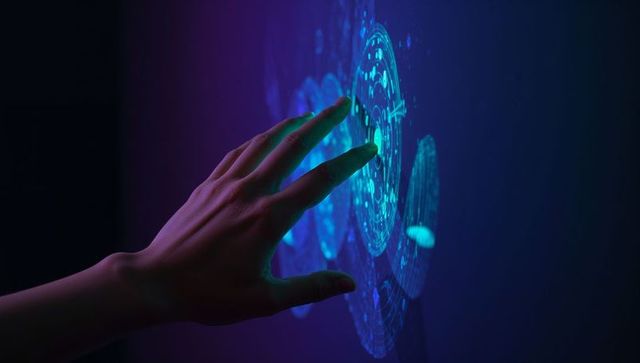 Hand interacting with holographic circular interface neon blue ui for futuristic technology