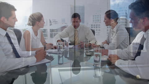 Corporate Team Meeting with Cityscape Reflections Blend