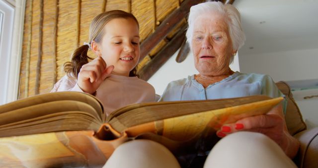 Happy Granddaughter Reading Book with Elderly Grandmother in Cozy Room - Download Free Stock Images Pikwizard.com