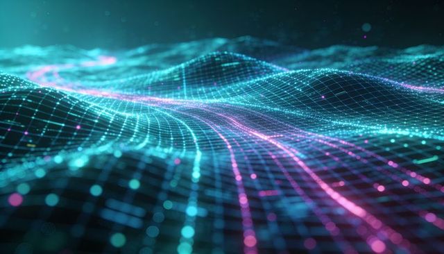Flowing neon wireframe landscape with glowing grid and luminous nodes for data stream