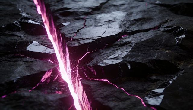 Glowing magenta fissure cutting through dark fractured rock with neon veins