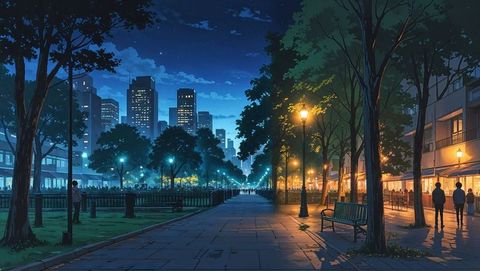 Urban anime nightlife stroll along illuminated city promenade