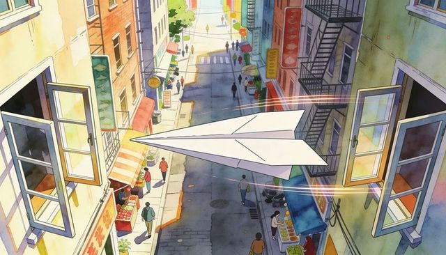Paper airplane flying down colorful narrow market street from elevated viewpoint