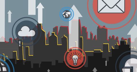 Technology Icons Over City Skyline Representing Growth and Connectivity - Download Free Stock Images Pikwizard.com