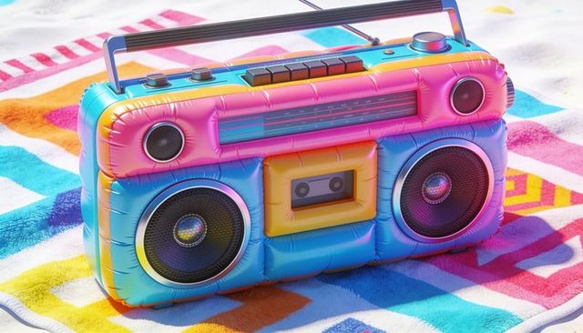 Retro inflatable boombox with glossy seams and cassette deck on colorful beach towel