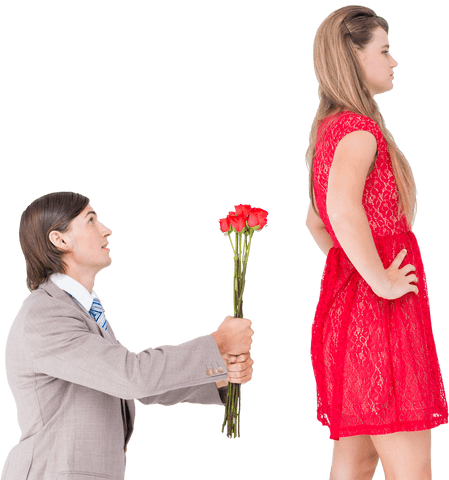 Man offering flowers to uninterested woman with love concept