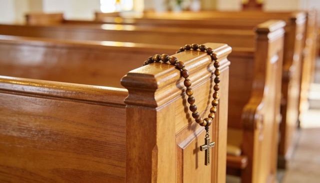 Rosary draping over polished church pew end with wooden beads and metal crucifix