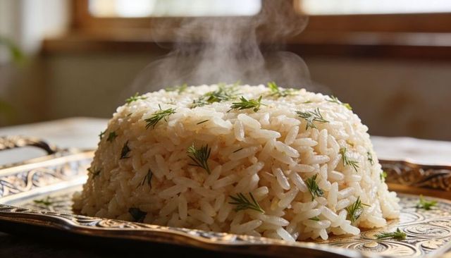 Steaming fluffy white rice molded on ornate metal tray with fresh dill garnish