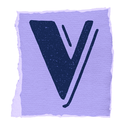 Stylized navy v on textured light purple paper illustration