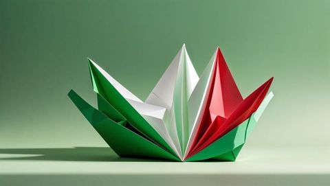 Artistic origami sculpture with italy flag-inspired green, white, and red patterns