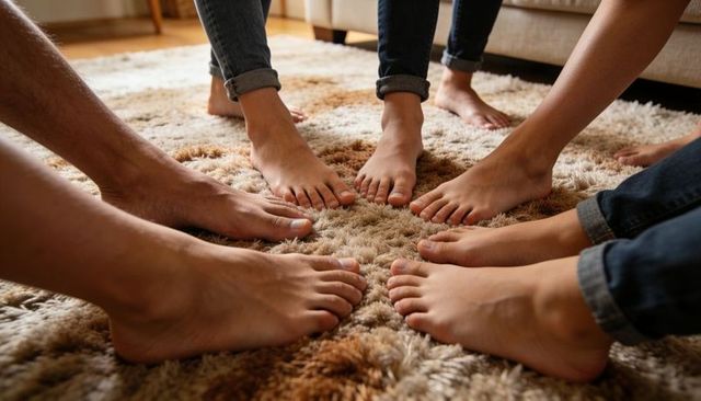 Bare feet gathering on plush beige-brown shaggy rug, group relaxing with rolled-up jeans