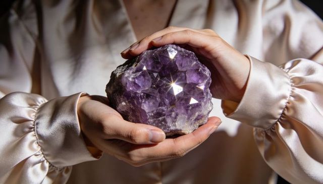 Cradling amethyst geode with cream satin sleeves, hands holding purple crystal closeup