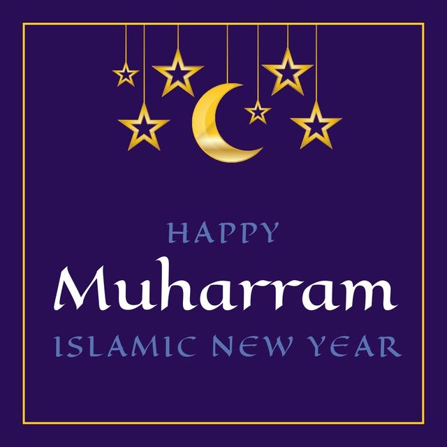 Vector image of happy muharram islamic new year text with moon and star shapes on blue background. Illustration, islamic festival, celebration, tradition, holiday, new year, hijri new year.