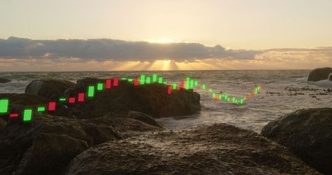 Stock market graph overlaid on serene ocean landscape