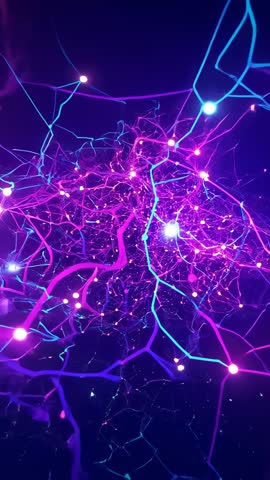 Moving Into Neon Neural Tunnel Revealing Pulsing Filaments and Glowing Network Nodes