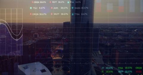 Glass cylinder skyscraper at dusk with hud financial data overlays and urban skyline