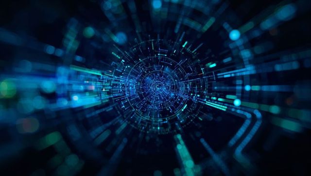 Futuristic Digital Circuit Tunnel with Glowing Nodes in Deep Blue