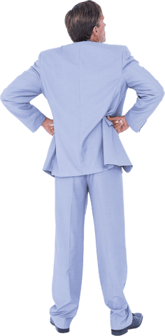Transparent Man in Suit with Hands on Hips in Rear View